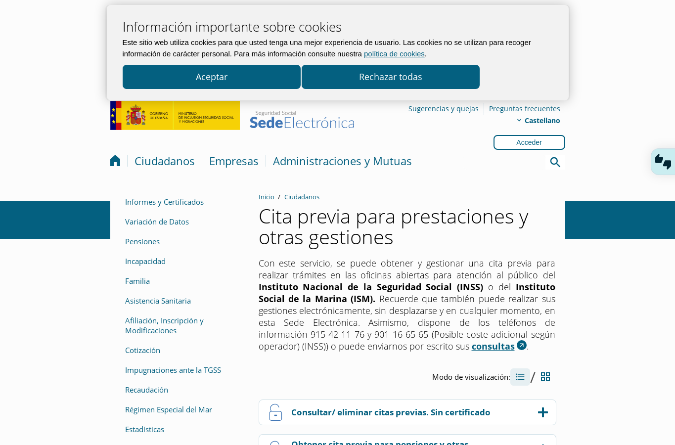 Paso 1: portada de cita previa en la Sede Electrónica.